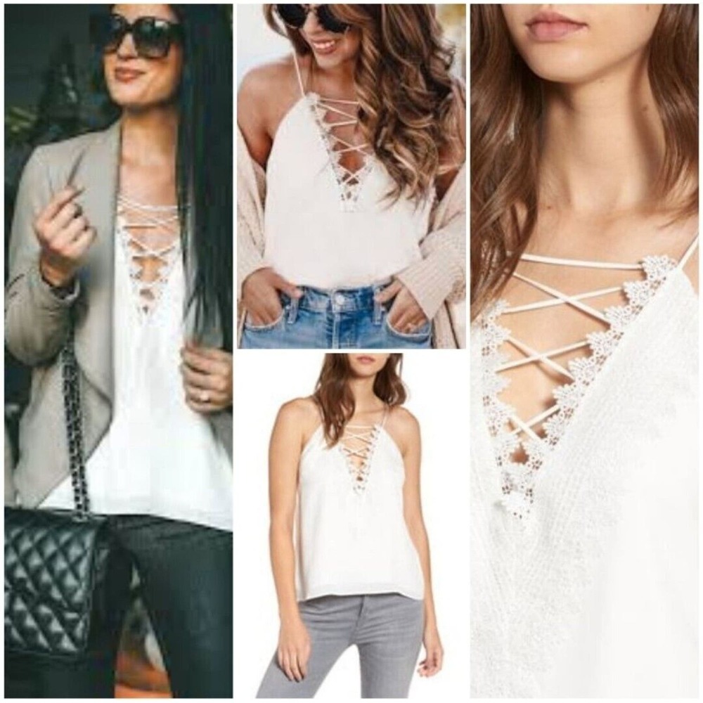 Wayf Womens Size XL Posie Strappy Camisole Ivory White Lace Top Festival Concert